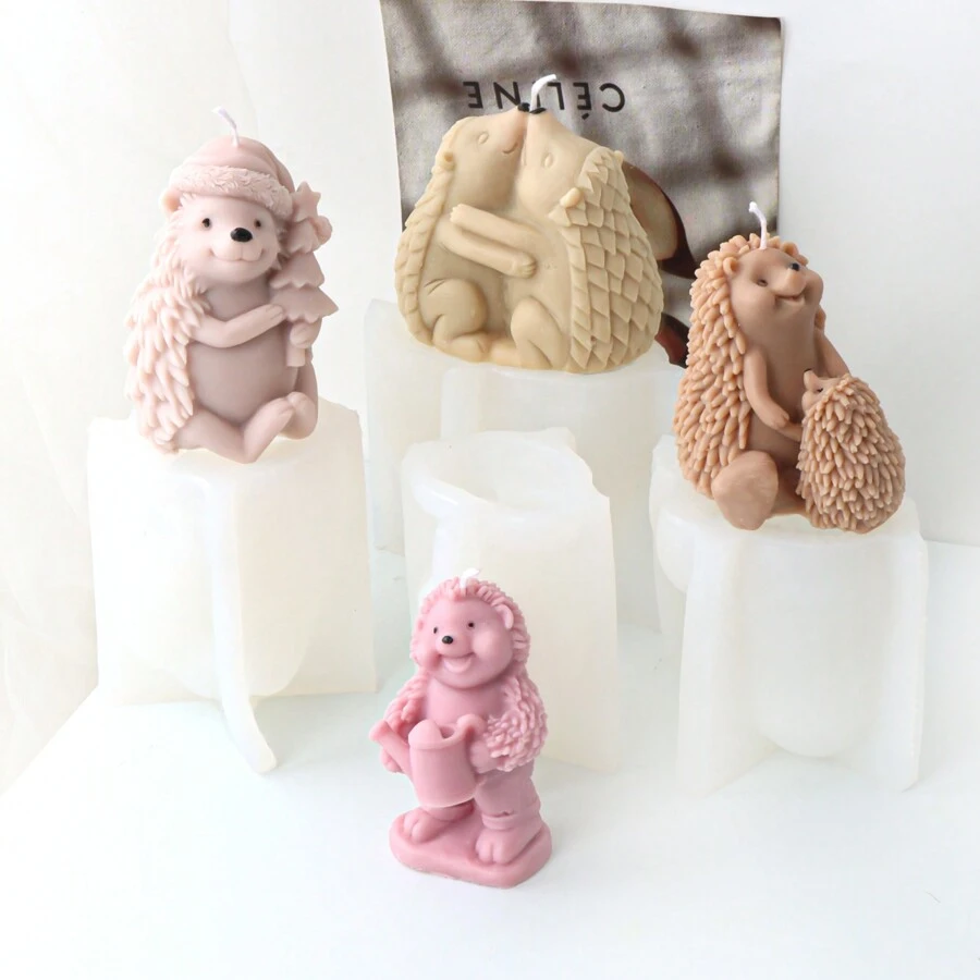 3D 手工制作可爱拥抱刺猬蜡烛硅胶模具 DIY 圣诞节母子刺猬带水壶模具用于香薰蜡烛香皂石膏粘土制作、家居装饰手工艺品工具 - 白色 - 查看 1