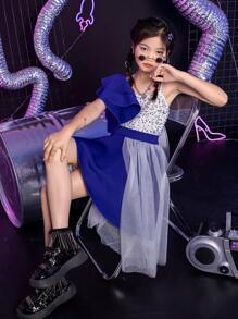 Conjunto de pasarela de estilo Kpop para niña preadolescente, vestido de fiesta de cumpleaños de desfile de moda de modelo de pasarela para niña, vestido de baile de jazz para niña preadolescente (LL0017) - azul real - Ver 2