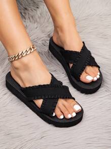 Women's Platform Sandals Black Sandals With Ruffle, Frill And Bow Trim Slip On Thick Sole Low Heel Summer Beach Travel Casual Slippers - Black - View 2