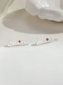 1pair Customized Name & Birthstone Stud Earrings, Personalized Name Earrings, Daily Commemorative Number Earrings, Minimalist Style Jewelry Gift For Women, Birthday Gift, Valentine's Day Gift, Christmas Gift
