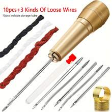 Set de costura de 11/13 piezas con lezna de manija de cobre DIY, incluye 6 agujas, hilo de nylon marrón/negro/blanco, estuche de almacenamiento y 2 pinchos, apropiado para reparar, lona, tienda de campaña y zapatos (color de aguja y estuche al azar)