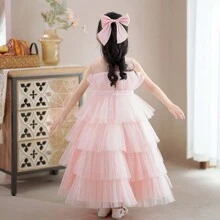 Young Girl Princess Style Mesh Sleeveless Puffy Cake Party Dress - Pink - View 7