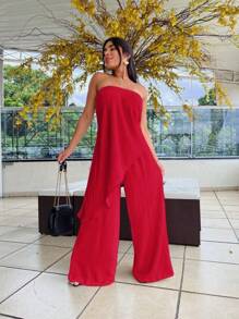 Long Dune Fabric Jumpsuit - Red - View 1