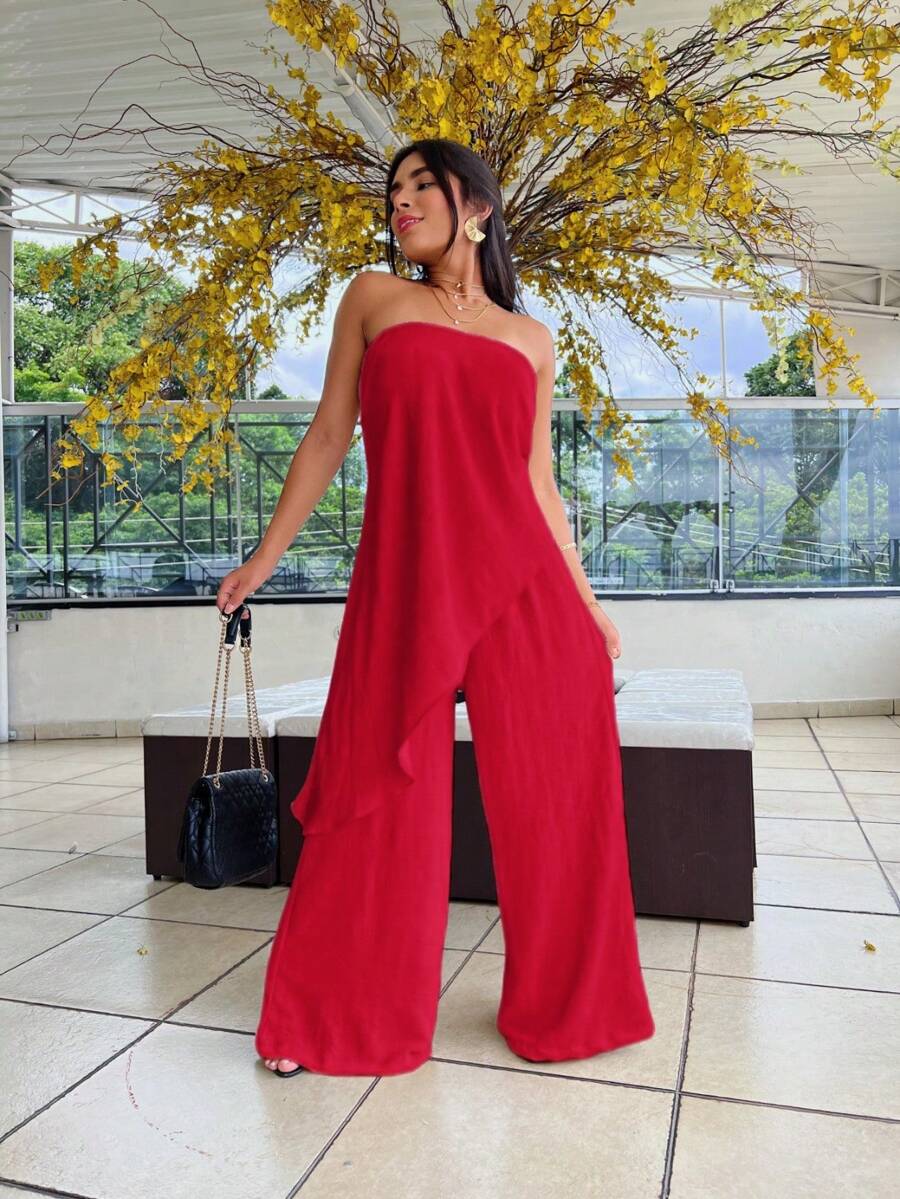 Long Dune Fabric Jumpsuit - Red - View 1