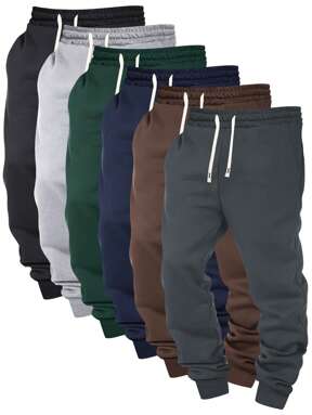 6pcs Men's Casual Sports Jogger Sweatpants, Solid Color, Elastic Waist Adjustable Drawstring, Ankle-Length Trousers