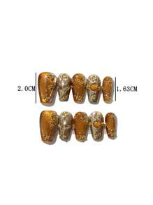 Uñas postizas hechas a mano, efecto de ojo de gato holográfico dorado, puntas de uñas en forma de ataúd cortas, uñas de aplicación, suministros para uñas - Dorado - Ver 4