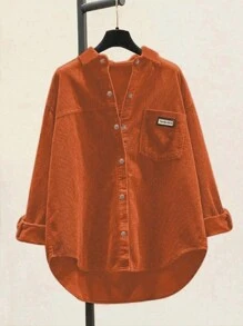 Áo sơ mi nữ bằng vải nhung kẻ, dáng rộng, tay dài, kiểu cardigan thời trang thường ngày, mùa thu 2024, áo kiểu oversized có túi, thích hợp cho mùa xuân. - Rỉ Nâu - Xem 3