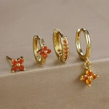 4pcs/Set Minimalist Geometric 18K Gold-Plated Earrings Set, Rhinestone Inlaid, Four-Petal Flower Design, Multi-Color Cubic Zirconia, Suitable For Vacation, Date, Gift And Daily Wear - 4pcs Earrings Set - View 9