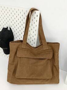 大容量纯色手提包带徽章，适合女性日常和假日穿着 - 棕色 - 查看 4