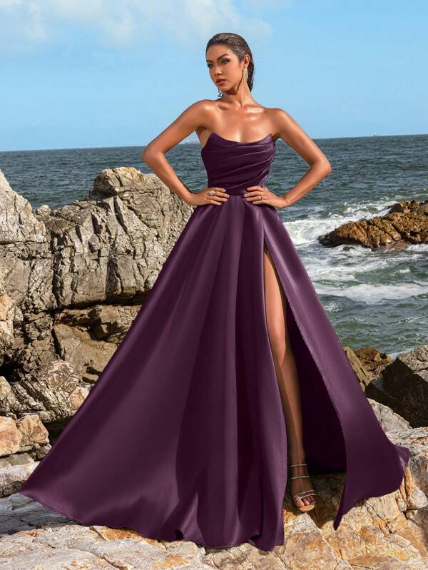Faeriesty Elegant Ruched Bodice High-Slit Evening Gown – Spring/Summer Formal Dress For Weddings, Galas, Red Carpet Events, Party Dress, Wedding Guest Dress