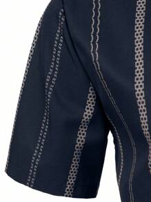 Plus Size Men's Casual Vertical Stripe Print Short Sleeve Shirt - Navy Blue - View 6