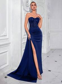 Elisanya Women's Sweetheart Neck Shoulder-Baring Pleated Long Tie Slit-Front Open-Back Ballgown Formal Evening Dress For Gala Party Prom Formal Dresses - Navy Blue - View 7
