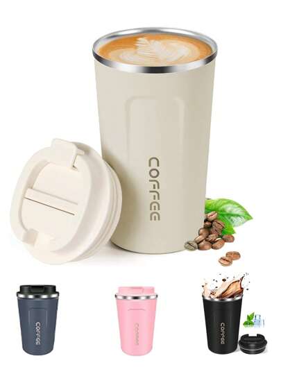 1 件旅行咖啡杯防溢防漏，可重复使用带盖咖啡杯，不锈钢真空咖啡杯，防漏咖啡，保温杯，男女适用冷热饮品，防漏咖啡无手柄可重复使用不锈钢杯保持冷热，适用于汽车、日常、旅行和礼品水瓶返回学校