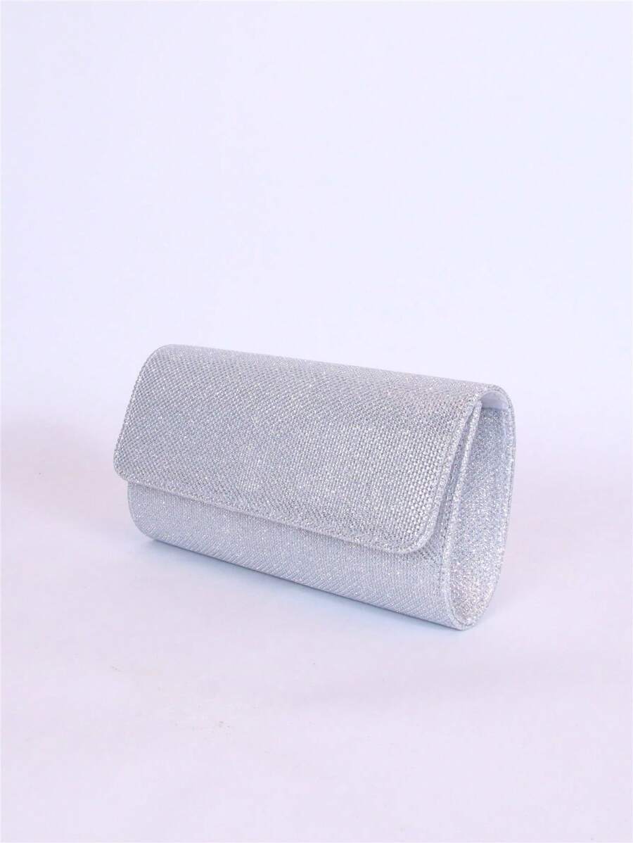 女士纯色闪亮信封手拿包、单肩包、简约、多功能，适合日常购物、聚会、生日派对、婚礼 - 銀色 - 查看 1