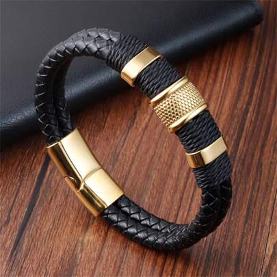 Fashionable Leather Woven Bracelet For Men, Classic Versatile Design,Gift For Father/Boyfriend