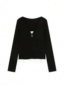 Sudadera de manga larga con cremallera y bloque de colores, estilo coreano, camiseta interior ajustada - Negro - Ver 6