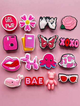 16/19/35 PCS Pink Series Dog, Octopus, Heart, Ice Cream, Dress, Glasses, Backpack Cute Preppy Charms For Shoes, Women Adults Teens, Kawaii Shoe Charms Accessories DIY Gifts