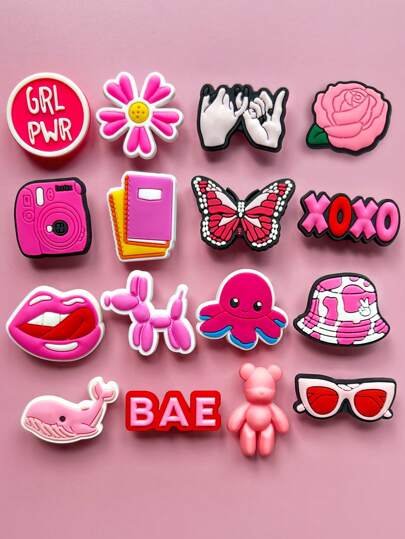 16 PCS Pink Series Dog, Octopus, Heart, Ice Cream, Dress, Glasses, Backpack Cute Preppy Charms For Shoes, Women Adults Teens, Kawaii Shoe Charms Accessories DIY Gifts