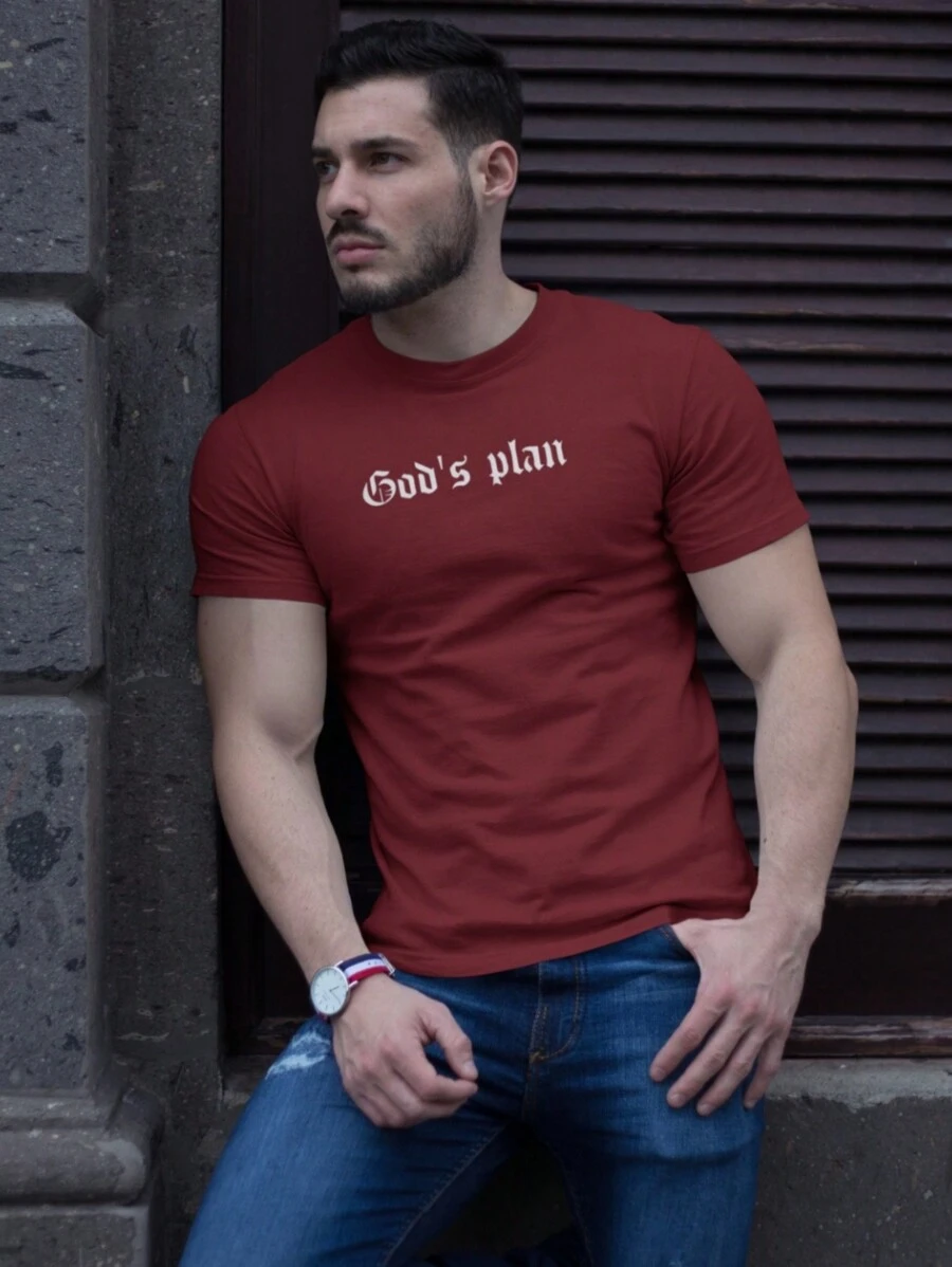 Men's Gods Plan Printed T-Shirt Cotton Tshirt Shirt - 紫紅色 - 查看 1