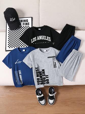 3 件装年轻男孩字母印花短袖 T 恤和短裤套装