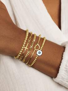 5 件/套女士黄金手链金串珠手链爱心结邪眼链手链套装 - 彩色 - 查看 4