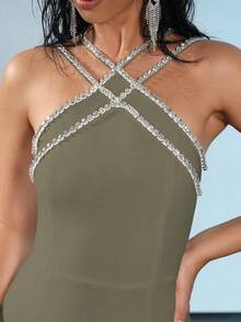 New Heavy Chain Crystal Diamond Bandage Bodycon Maxi Dress, Sexy Party Gown - Grey - View 2