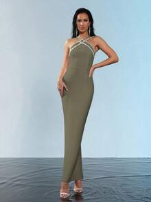 New Heavy Chain Crystal Diamond Bandage Bodycon Maxi Dress, Sexy Party Gown - Grey - View 4
