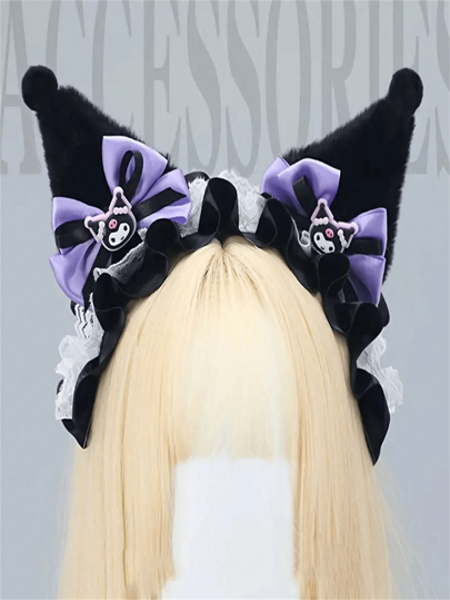 1 Pieza Set para Mujer Negro + Morado Sanrio Kuromi Lazo Decoración de Encaje Hermoso Adorable Todo Decorativo Diadema Adecuado para Uso Diario Festivo Día de Todos los Santos