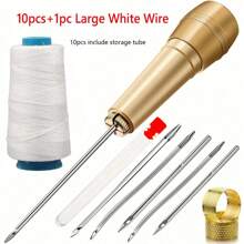 Set de costura de 11/13 piezas con lezna de manija de cobre DIY, incluye 6 agujas, hilo de nylon marrón/negro/blanco, estuche de almacenamiento y 2 pinchos, apropiado para reparar, lona, tienda de campaña y zapatos (color de aguja y estuche al azar)