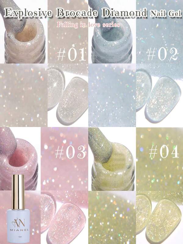 MIANEL Esmalte de uñas en gel con brillos explosivos de 12ML en series de color rosa, azul, blanco y verde - 2025 Nueva popular laca de uñas en gel tipo brocado de diamante Yun, en los colores talla grande vendidos para el verano y la primavera. Requiere lámpara UV para secar. Apta para la decoración de uñas en salones y suministros de uñas DIY.