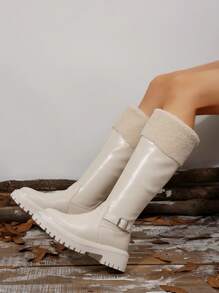 Bottes hautes pour femmes, nouvelles bottes au dessus du genou à patch en fourrure pour l'automne/hiver 2024, plateforme à semelle épaisse, doublure chaude, bottes sous le genou - Beige - Voir 3