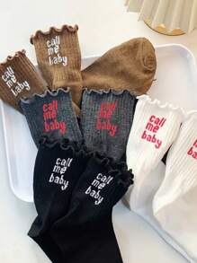 4 Pairs New Cute Breathable Wicking Girl Ruffle Hem Socks With Back Letter Vertical Stripes Mid-Tube Socks