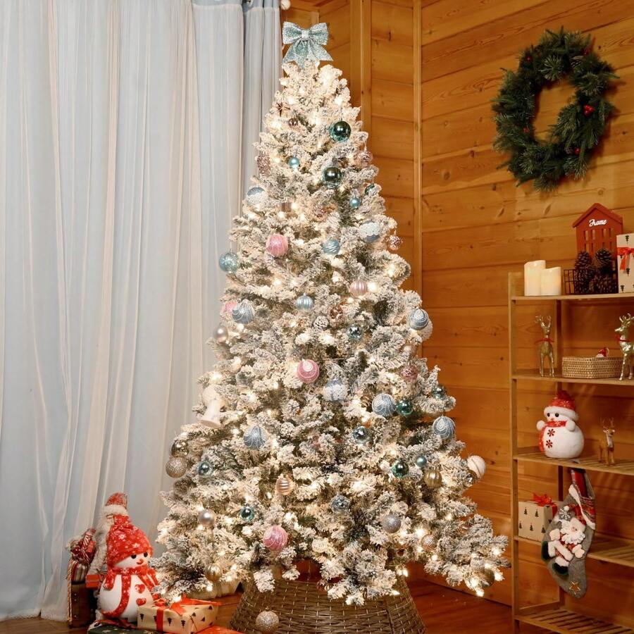 8 Ft Flocked Christmas Tree Prelit, Snow Frosted Artificial Christmas Tree With 700 UL Lights, Pine Cones & 1754 Tips, Auto Hinged Easy Setup Full Prelighted Large Christmas Tree - US A Type Plug(110-127V) - View 1