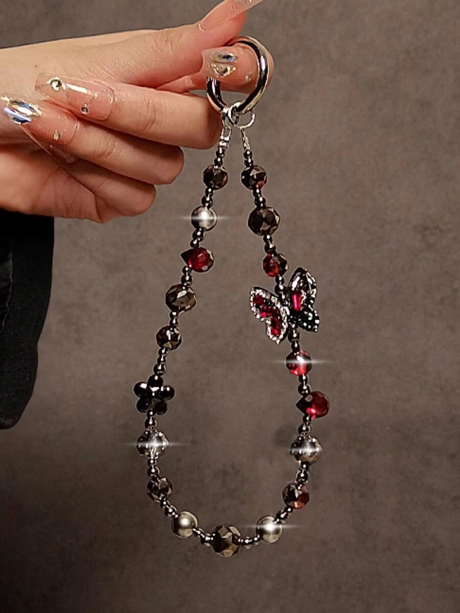 Luxury Rhinestone Butterfly Pendant Mobile Phone Lanyard Phone Case Wrist Strap Keycord Bling Glitter Rhinestone Hanging Chain - dây buộc điện thoại di động - Xem 1