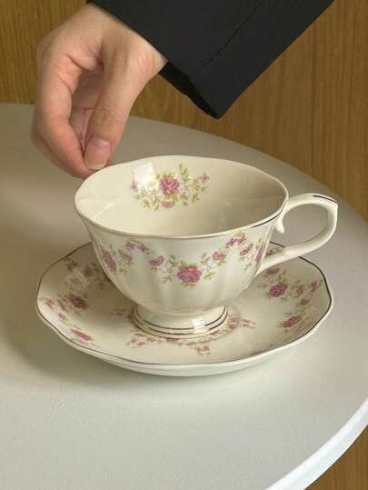 1set (1 Cup + 1 Saucer) Vintage Floral Ceramic Coffee Cup And Saucer Set, Hand-Painted Pink Flower Latte Mug For Office, Home, Afternoon Tea, Gifts Back To School