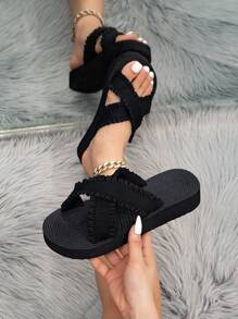 Women's Platform Sandals Black Sandals With Ruffle, Frill And Bow Trim Slip On Thick Sole Low Heel Summer Beach Travel Casual Slippers - Black - View 3