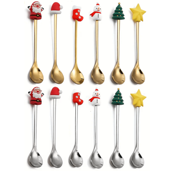 6/12 件圣诞咖啡勺，卡通人物咖啡勺套装，不锈钢搅拌圣诞茶匙，创意圣诞勺子，适合日常使用，圣诞派对，家庭聚会，甜点，饮料，浓缩咖啡，奶昔，果酱，圣诞礼物，巧克力，牛奶，回到学校