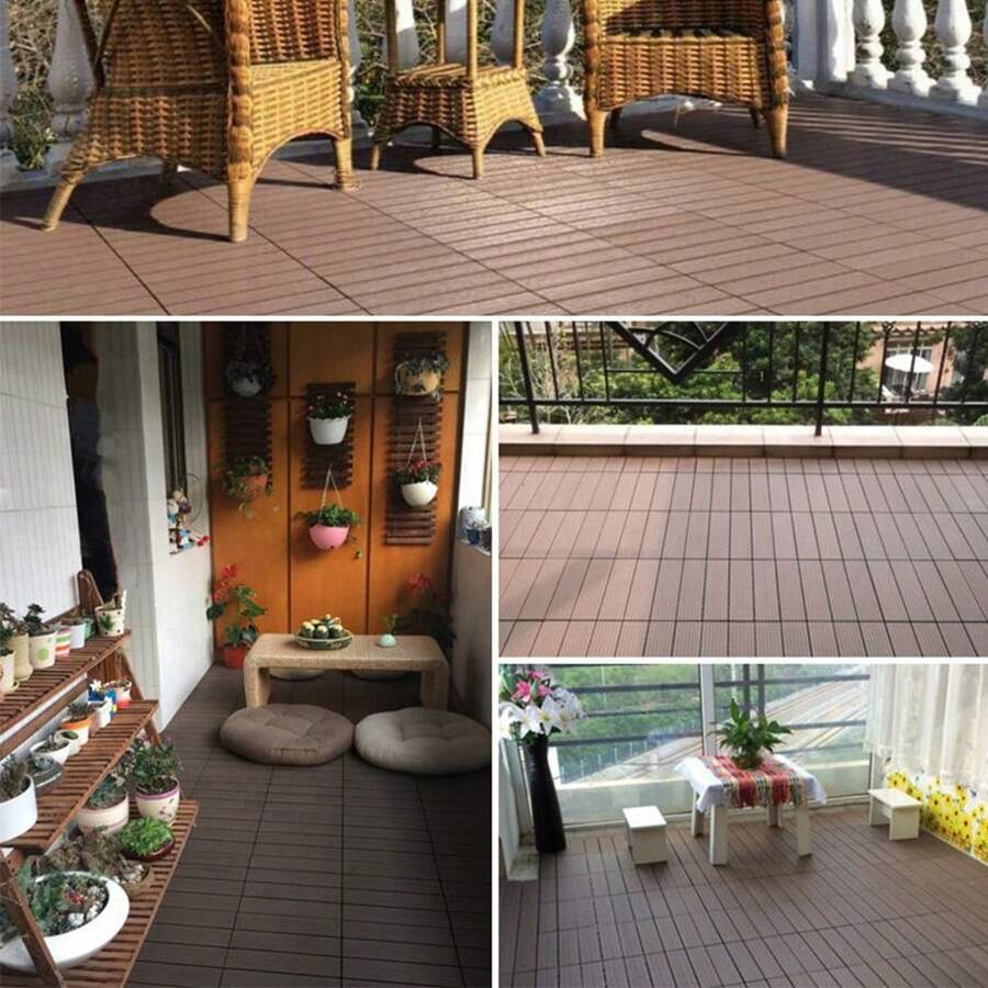 11 Pieces Of Garden Tiles 1m² Outdoor Area Plug-In Fastening, Modular Wood Composite Panels For Balcony Terrace Yard, Floor Tiles Each 30x30cm, WPC Slatted Tiles, Click Tiles Made Of Composite Material Interlocking, Outdoor Tiles For Garden, Patio, Balcony - 咖啡棕 - 查看 1