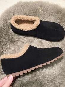 冬季女士厚羊毛平底乐福鞋，孕妇休闲一脚蹬驾车鞋 - 黑色 - 查看 7