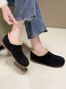 冬季女士厚羊毛平底乐福鞋，孕妇休闲一脚蹬驾车鞋 - 黑色 - 查看 8