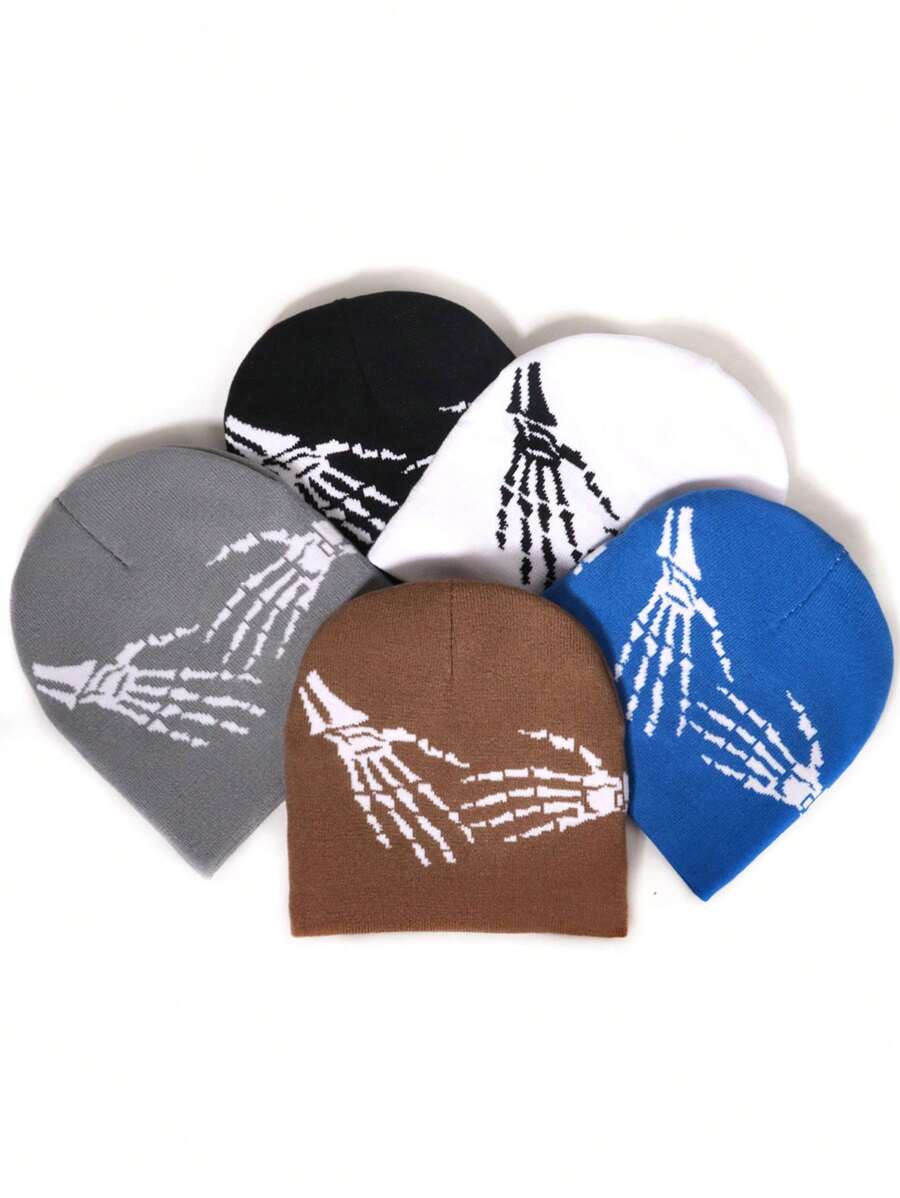 1 件多色骷髅手图案休闲街头服饰亚克力拼布无檐小便帽，温暖冬帽，男女通用设计冬季圣诞帽男士无檐小便帽滑雪帽 - 骷髏手圖案 - 查看 1