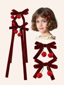 1 对欧式樱桃红蝴蝶结发夹，鳄鱼皮长流苏发夹，适合女孩和儿童，发饰 - 彩色 - 查看 1