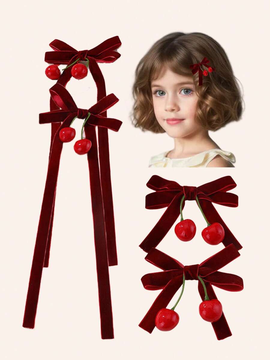 1 对欧式樱桃红蝴蝶结发夹，鳄鱼皮长流苏发夹，适合女孩和儿童，发饰 - 彩色 - 查看 1