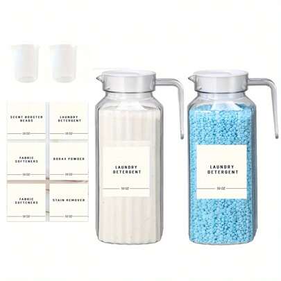 2 Pcs Laundry Detergent Dispenser Fabric Softener Dispenser With Labels Measuring Cups Laundry Soap Bleach Container Liquid Detergent Containers For Laundry Room Organization Storage 50 Oz, Dorm Room, Washing Up Liquid