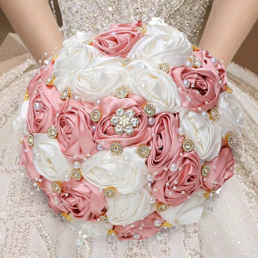 Elegante ramo de rosas de satén con cuentas y cristales de color champán, ramo de boda de rosas de tela artificial, flor eterna W0630G