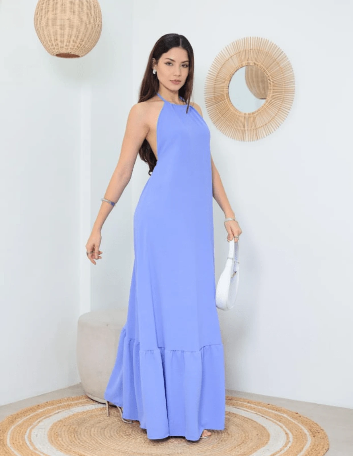 Plain Long Dress With Open Back And Straps And Exposed Shoulders - Màu Lilac Tím - Xem 1