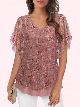 CheersLife Women's Dressy Casual,Double Layers Mesh Elegant Summer Blouses,Short Sleeve V Neck Women's Tunic Tops