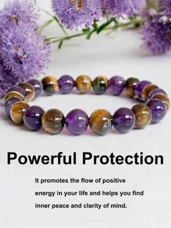 YAUKIA Amethyst Tigers Eye Gemstone Bracelet Anxiety Bracelet For Women Men Powerful Protection Calming Crystals Yoga Meditation Jewelry 8mm