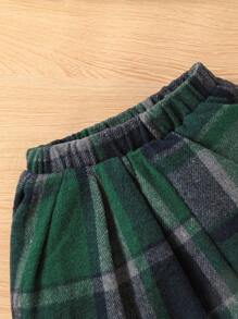 3pcs/Set Girls Elegant Solid Long Sleeve Top, Plaid Vest And Pleated Skirt Outfit - Green - View 11