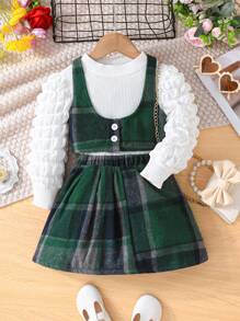 3pcs/Set Girls Elegant Solid Long Sleeve Top, Plaid Vest And Pleated Skirt Outfit - Green - View 1